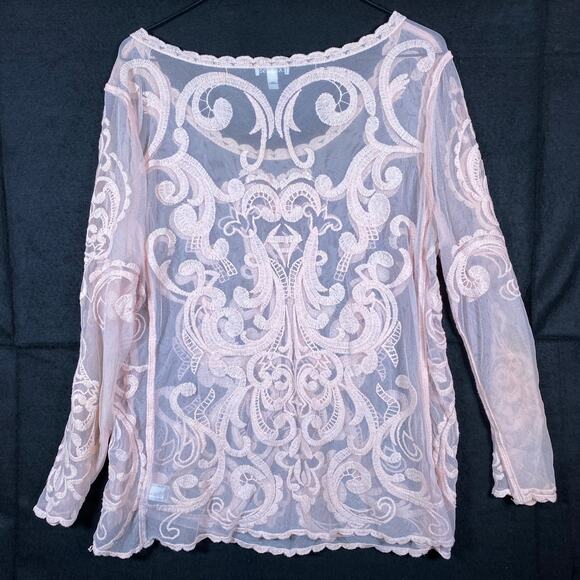 Express Womens Blouse Pink Lace Floral Mesh Sheer Long Sleeve Boat Neck Large - Picture 11 of 14